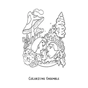 Coloriage de porcs-épics kawaii dans un jardin magique
