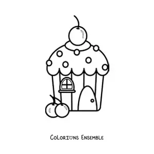 Image à colorier d'une maison en cupcake avec une cerise sur le toit
