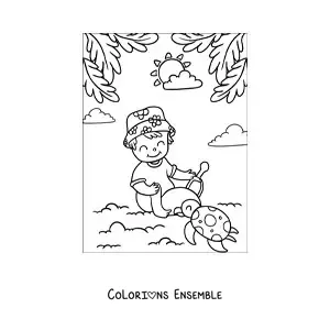 Coloriage d'un petit garçon qui joue avec une tortue à la plage