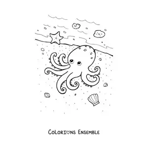 Coloriage d'une pieuvre au bord de la mer