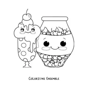 Image à colorier d'une glace kawaii avec une cerise et un pot de cerises à côté