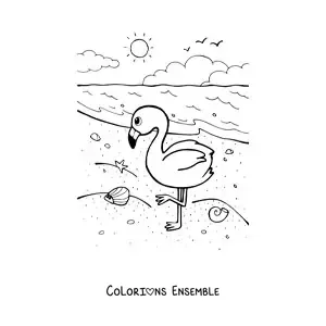 Coloriage d'un flamant rose sur la plage