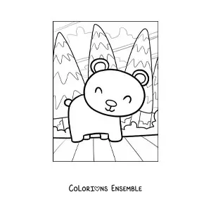 Coloriage d'un petit ours kawaii dans la forêt