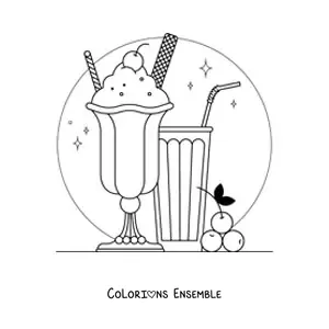 Image à colorier d'une glace avec des cerises et d'un verre avec une paille