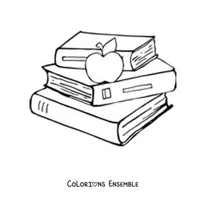 Image à colorier d’une pomme posée sur une pile de livres d’école