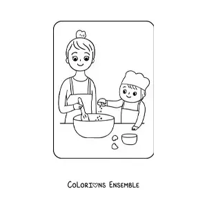 Coloriage d'un fils qui cuisine avec sa maman pour la fête des mères