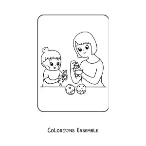 Coloriage d'une fillette kawaii qui joue à la poupée avec sa maman pour la fête des mères