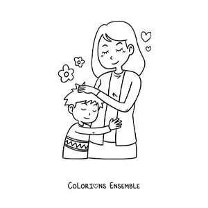Coloriage d'un petit garçon kawaii qui serre sa maman dans ses bras pour la fête des mères