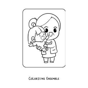 Coloriage d'une grand-mère kawaii qui porte sa petite-fille pour la fête des grands-parents