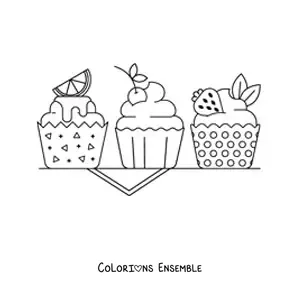 Image à colorier de trois cupcakes décorés avec un citron, une cerise et une fraise