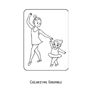 Coloriage d'une fillette kawaii qui danse le ballet avec sa maman pour la fête des mères