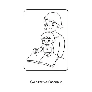 Coloriage d'une fillette kawaii qui fait ses devoirs avec sa maman pour la fête des mères