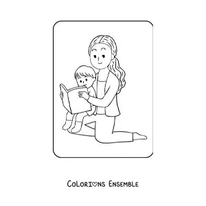 Coloriage d'un petit garçon kawaii qui lit avec sa maman pour la fête des mères