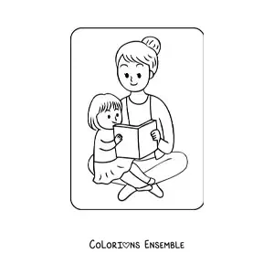 Coloriage d'une fillette kawaii qui lit avec sa maman pour la fête des mères