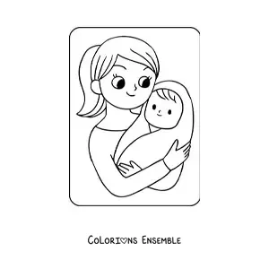 Coloriage d'un bébé kawaii dans les bras de sa maman pour la fête des mères
