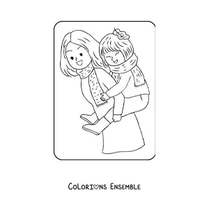 Coloriage d'une maman kawaii qui porte sa fille