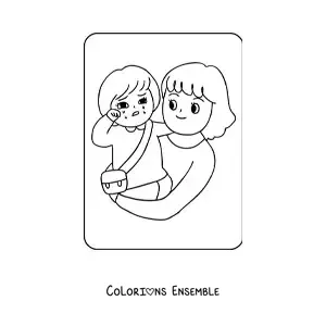 Coloriage d'une fillette kawaii qui pleure dans les bras de sa maman