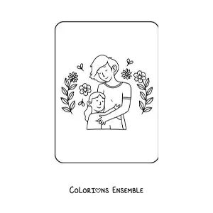 Coloriage d'une fillette kawaii qui serre sa maman dans ses bras pour la fête des mères