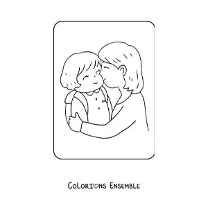Coloriage d'une maman qui embrasse sa fille avant l'école