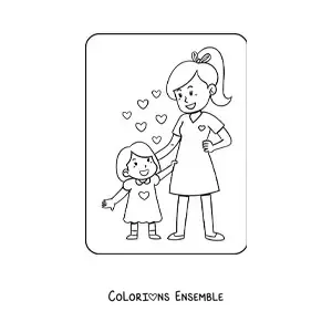 Coloriage d'une fillette kawaii avec sa maman entourées de cœurs
