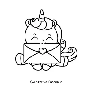 Coloriage d'une licorne kawaii avec une carte de la Saint-Valentin