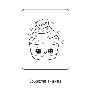 Coloriage d'un cupcake kawaii de la Saint-Valentin