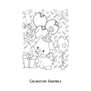 Coloriage d'un chien avec des ballons du Nouvel An