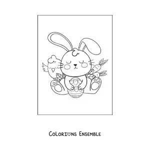 Coloriage d'un lapin kawaii avec des œufs de Pâques et des carottes