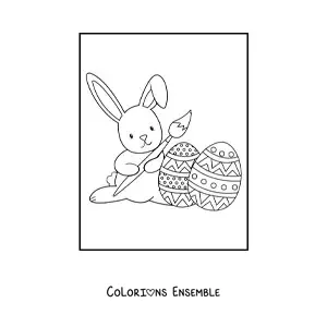 Coloriage d'un lapin kawaii avec des œufs de Pâques et un pinceau