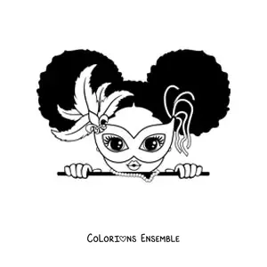 Image à colorier d'une fillette kawaii avec un masque de carnaval