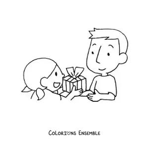 Image à colorier d'une petite fille qui offre un cadeau à son papa pour sa fête