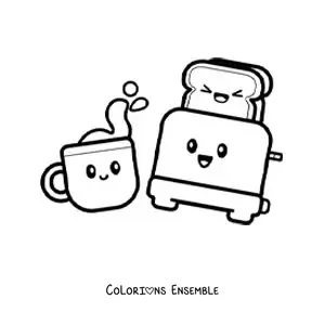 Image à colorier d'un petit déjeuner kawaii avec un café et une tartine