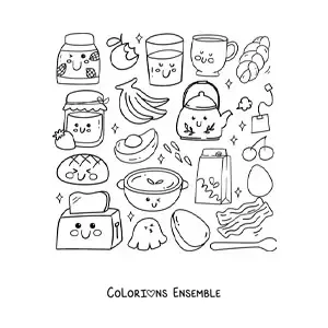 Image à colorier de mignons aliments du petit déjeuner kawaii