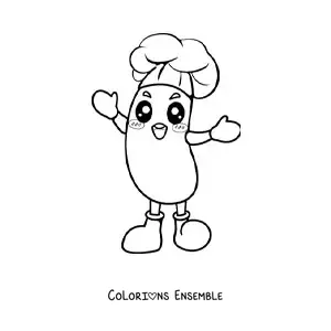 Image à colorier d'une mignonne saucisse kawaii avec une toque de chef