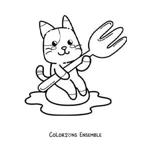 Image à colorier d'un chat de dessin animé avec une fourchette et un œuf au plat