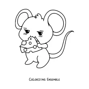 Image à colorier d'une mignonne souris kawaii de dessin animé qui mange du fromage