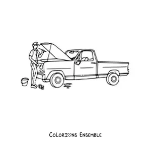 Image à colorier d’un mécanicien réparant un pick-up avec le capot ouvert