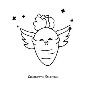 Image à colorier d'une mignonne carotte kawaii de dessin animé avec des ailes