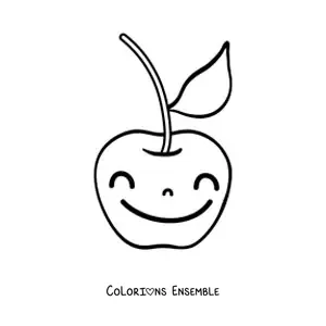 Image à colorier d'une cerise animée avec un grand sourire et une feuille