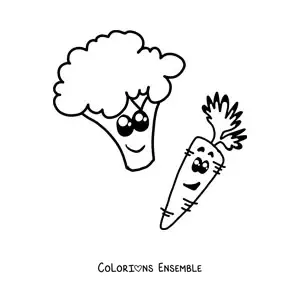 Image à colorier d'une carotte de dessin animé avec du brocoli