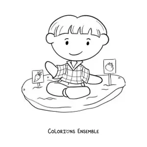 Image à colorier d'un petit garçon qui plante une tomate et une carotte
