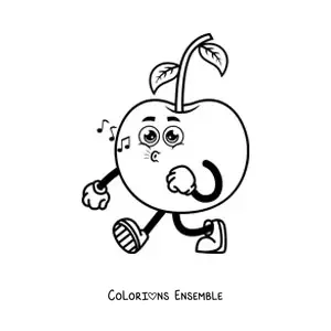 Image à colorier d'une cerise animée qui marche en sifflant
