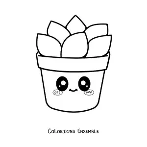 Image à colorier d'une grande plante grasse kawaii dans un pot