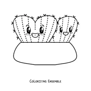 Image à colorier de mignons cactus en forme de cœur dans un pot