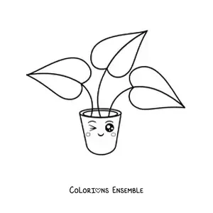 Image à colorier d'une tendre plante à grandes feuilles dans un pot