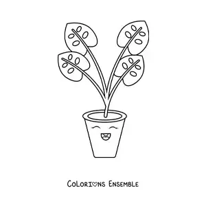 Image à colorier d'une mignonne plante à grandes feuilles dans un pot, style kawaii de dessin animé