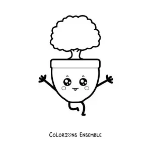 Image à colorier facile d'un petit arbre kawaii dans un pot