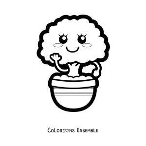 Image à colorier facile d'un bonsaï kawaii dans un pot