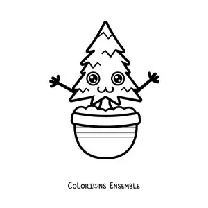 Image à colorier facile d'un mignon pin kawaii de dessin animé dans un pot
