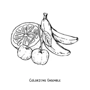 Image à colorier de deux cerises avec une orange et des bananes derrière